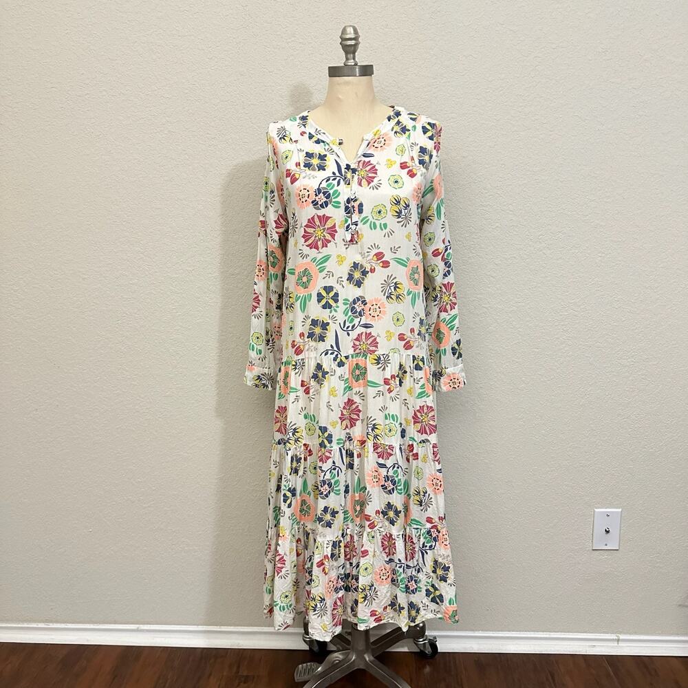CHRISTOPHE SAUVAT Maxi Dress Floral Tiered Roll Tab Sleeve Boho Hippie